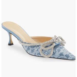 MACH & MACH Double Bow Floral Lace Pointed Toe Mule